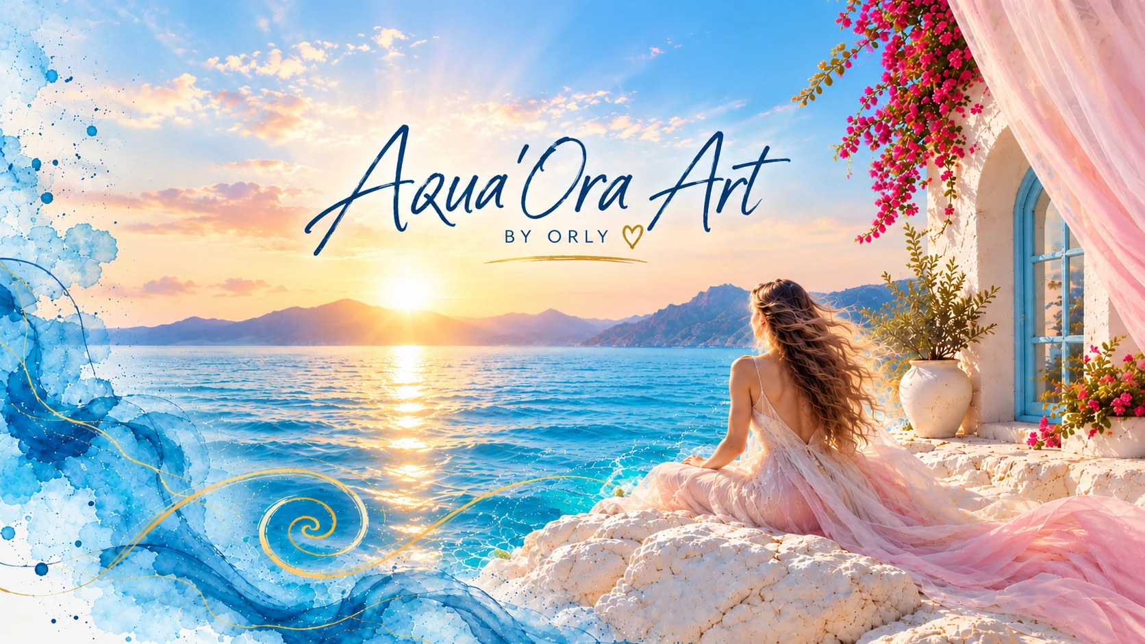 Mediterranean sunrise over sparkling water, with a woman in a flowing pale pink dress seated on white stone facing the sea. Blue watercolor swirls, bougainvillea and a Greek-style window frame the view.